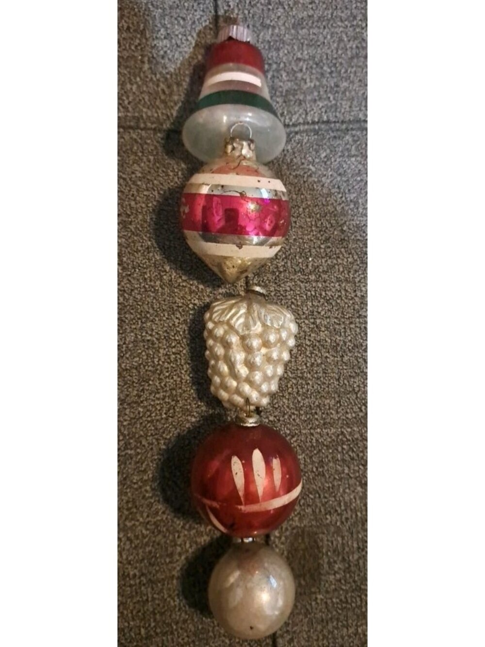 Vintage Glass Christmas Ornament Strand Featuring Bell Grape And Ball Designs In